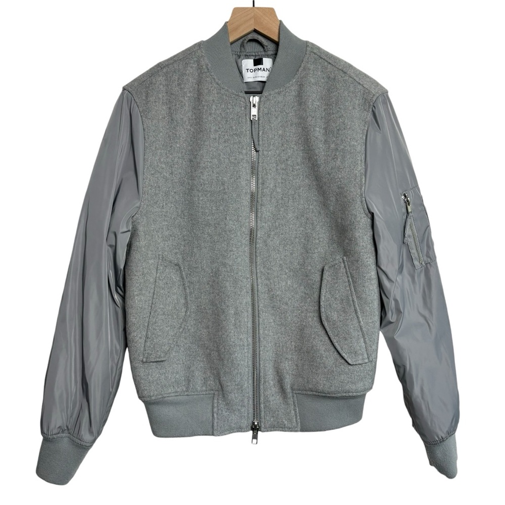 Topman Men’s Wool with Polyester Sleeves Bomber Jacket Size Small Gray